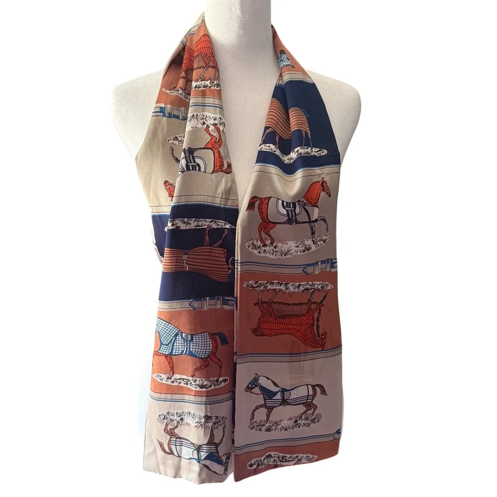 Equestrian Horse Print Silk Scarf Navy Orange Cream Derby Quiet Money Race
